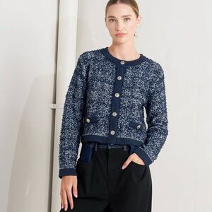 Freemarket Bouclé Knit Cardigan Jacket Navy Silver Button Tweed Style Size Small